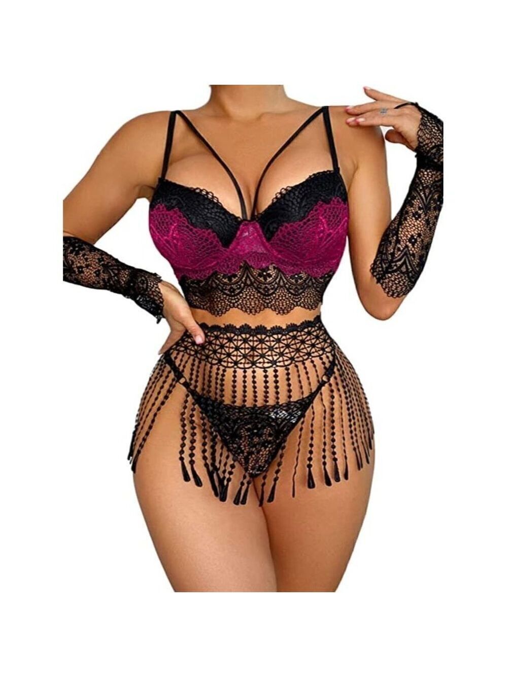SEXY Cami Burgundy Lingerie Tassel Woven Strappy Exotic Set Padded Lace Romantic